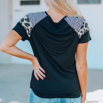 Striped Leopard Print Short Sleeve Women T-shirt