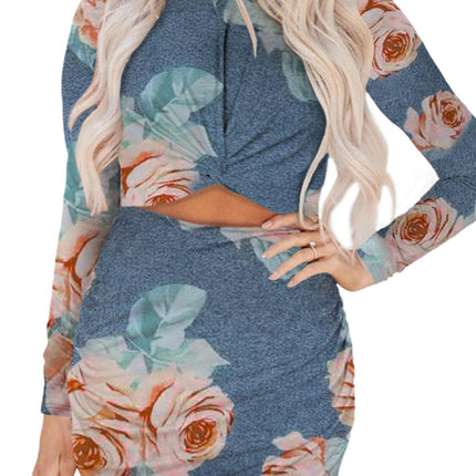 Khaki Long Sleeve Cut-out Twist Ruched Bodycon Mini Dress