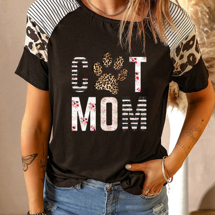 Striped Leopard Print Short Sleeve Women T-shirt