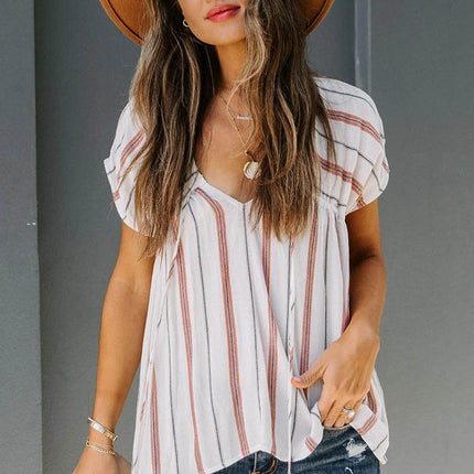 Striped Print Loose V Neck Short Sleeve Top