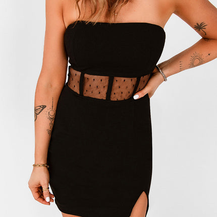 Polka Dot Mesh Patchwork Split Bandeau Bodycon Mini Dress