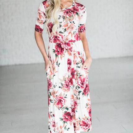 Short Sleeve Floral Long Dress with Pockets