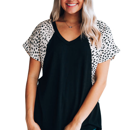 Leopard Sleeves Color Block V Neck T-shirt