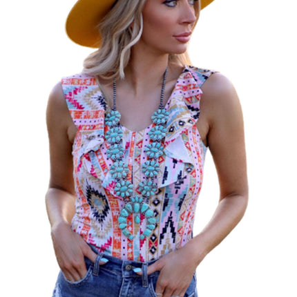 Western Aztec Print Ruffled Sleeveless Bodysuit