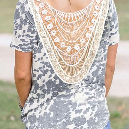 Crochet Lace Patchwork Cow Print Short Sleeve T-shirt