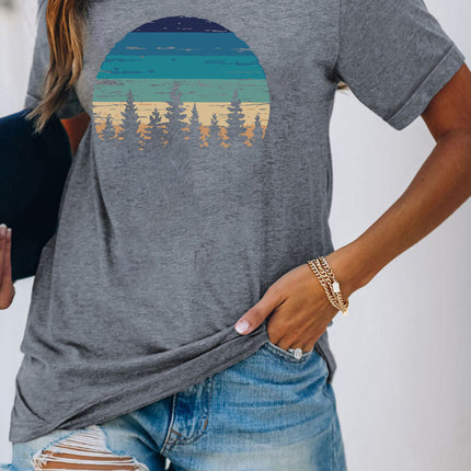 Floral Print Round Neck Short Sleeve Tunic Top