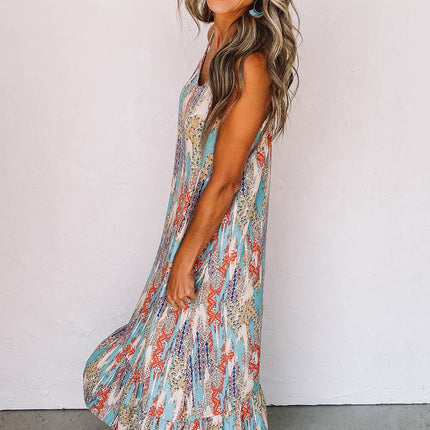 Western Pattern Print Spaghetti Strap Shift Maxi Dress
