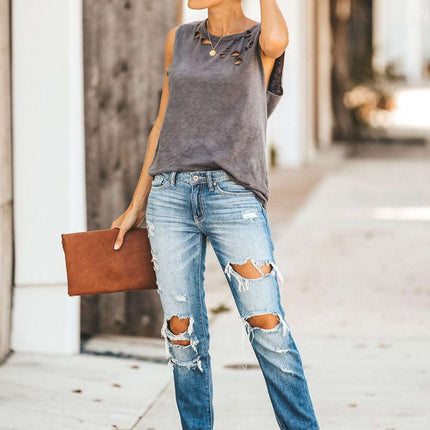 Broken Hole Detail Sleeveless Crew Neck Tank Top