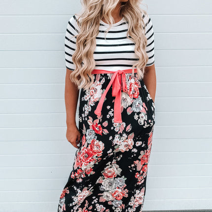 Floral Striped Color Block Lace-up High Waist Maxi Dress
