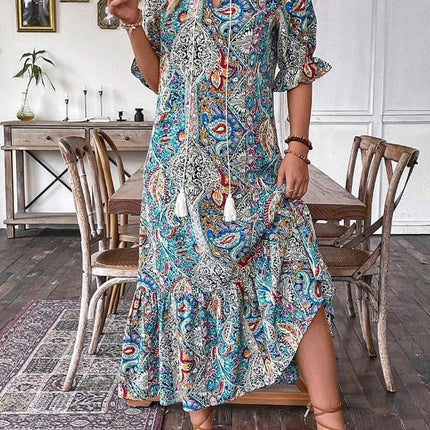 Colorful Paisley Shirred Waist Long Summer Dress