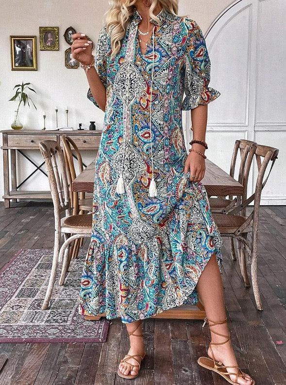 Colorful Paisley Shirred Waist Long Summer Dress