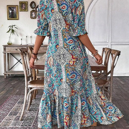 Colorful Paisley Shirred Waist Long Summer Dress