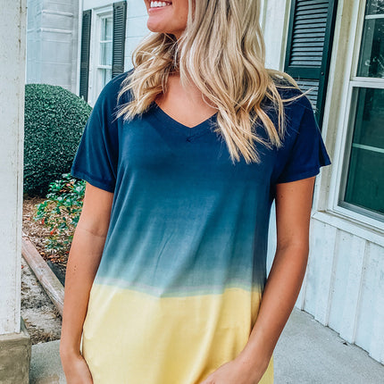 Gradient Color Block V Neck T Shirt