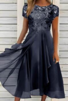 Chiffon Panel Round Neck Sequin Print Dress