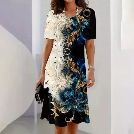 Printed Round Neck A-line Short Sleeve Dress