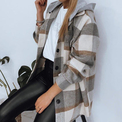 Everyday Front Pocket Plaid Hoodie Cardigan Jacket