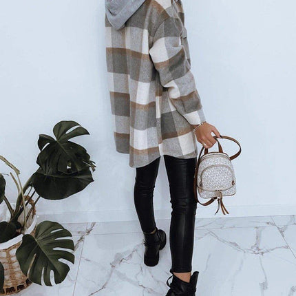 Everyday Front Pocket Plaid Hoodie Cardigan Jacket