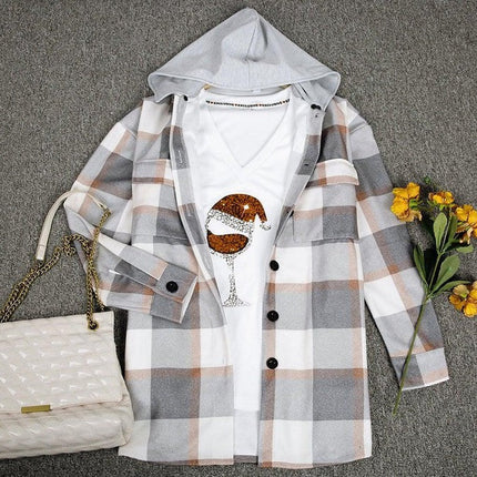 Everyday Front Pocket Plaid Hoodie Cardigan Jacket