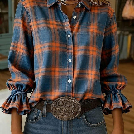 Blue Check Button Down Shirt with Ruffle Cuff Sleeves