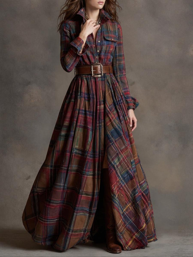 Trendy Check Maxi Shirt Dress With High Slit