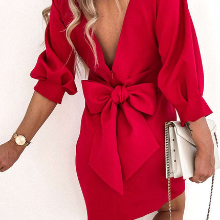 Bow Backless 3/4 Sleeve High Waist Mini Dress