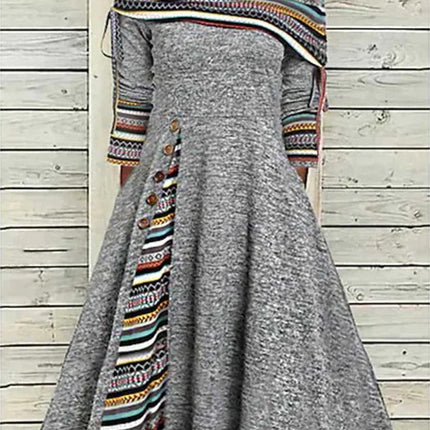 Guatemalan Print Gray Boatneck Midi Dress