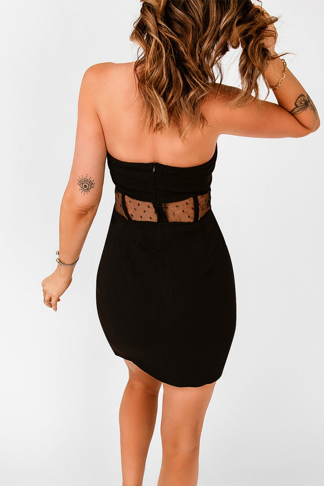 Polka Dot Mesh Patchwork Split Bandeau Bodycon Mini Dress
