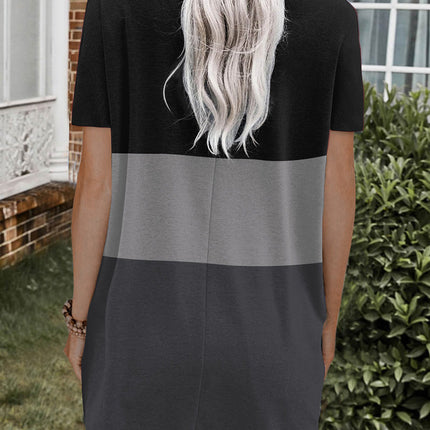 Triple Colorblock Splicing Short Sleeve Mini Dress with Pockets
