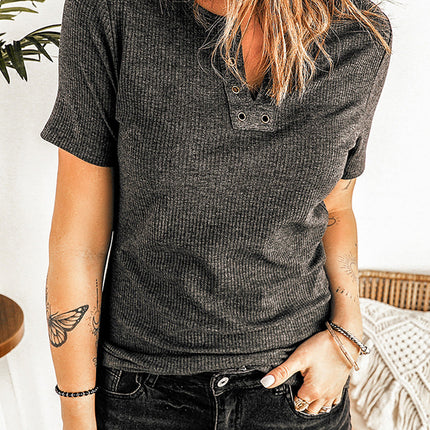 Ribbed Knit V Neck Short Sleeve Top