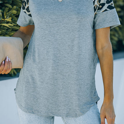 Striped Leopard Print Short Sleeve Women T-shirt