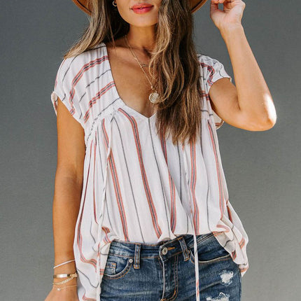 Striped Print Loose V Neck Short Sleeve Top