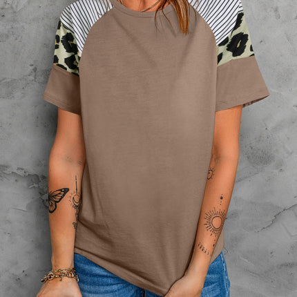 Striped Leopard Print Short Sleeve Women T-shirt