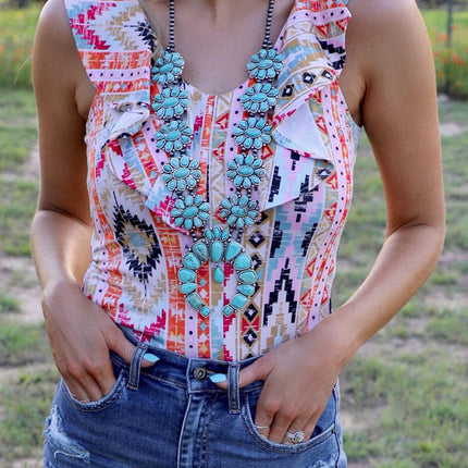 Western Aztec Print Ruffled Sleeveless Bodysuit