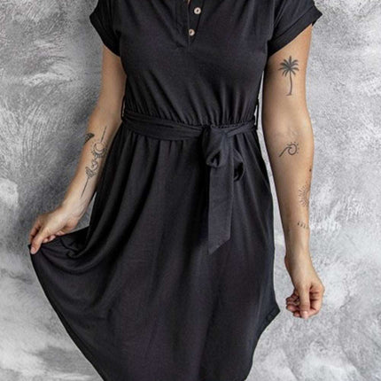 Buttons Crewneck Lace-up High Waist Mini Dress