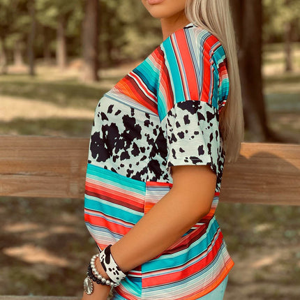 Western Serape Cow Color Block V Neck Top