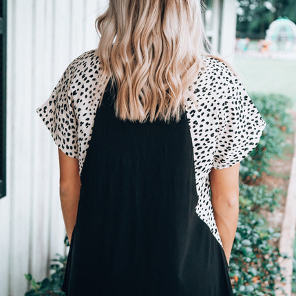 Leopard Sleeves Color Block V Neck T-shirt