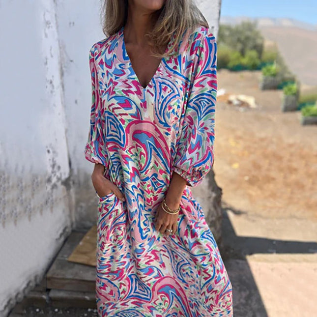 Bohemian V-Neck Abstract Printed Maxi Dress