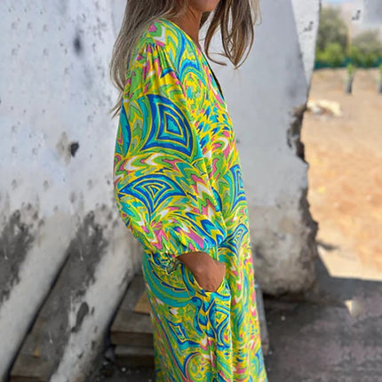 Bohemian V-Neck Abstract Printed Maxi Dress
