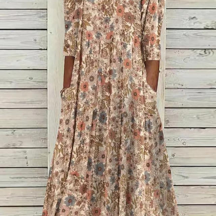 Yellow Print Half Sleeve Midi Dress