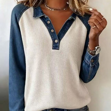 Casual Denim Waffle Shirt Top