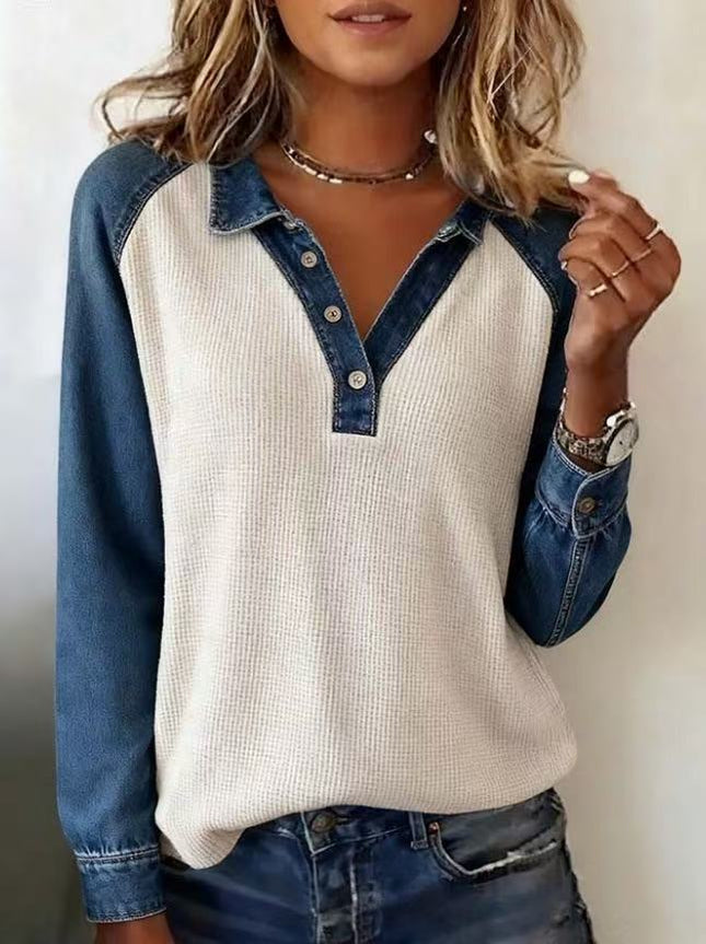 Casual Denim Waffle Shirt Top