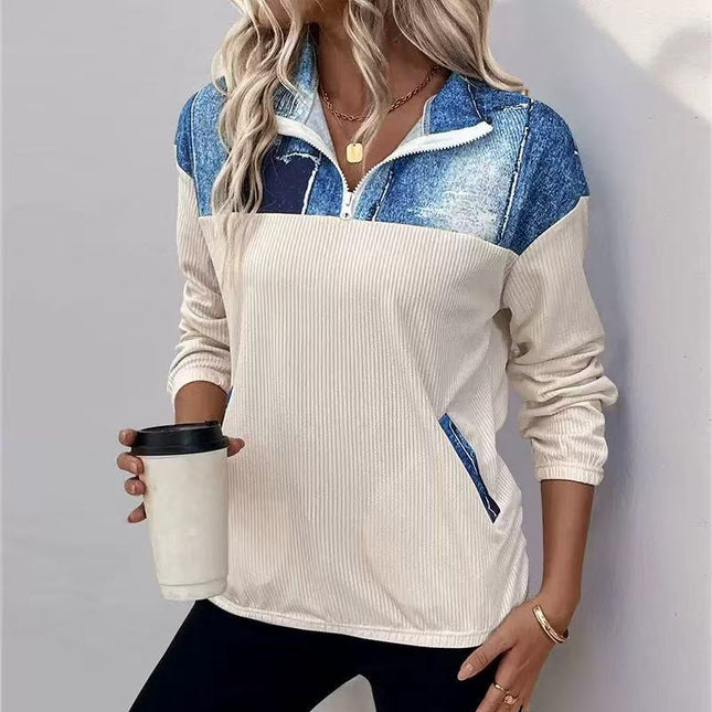 Lapel Contrast Color Panel Long Sleeve Top