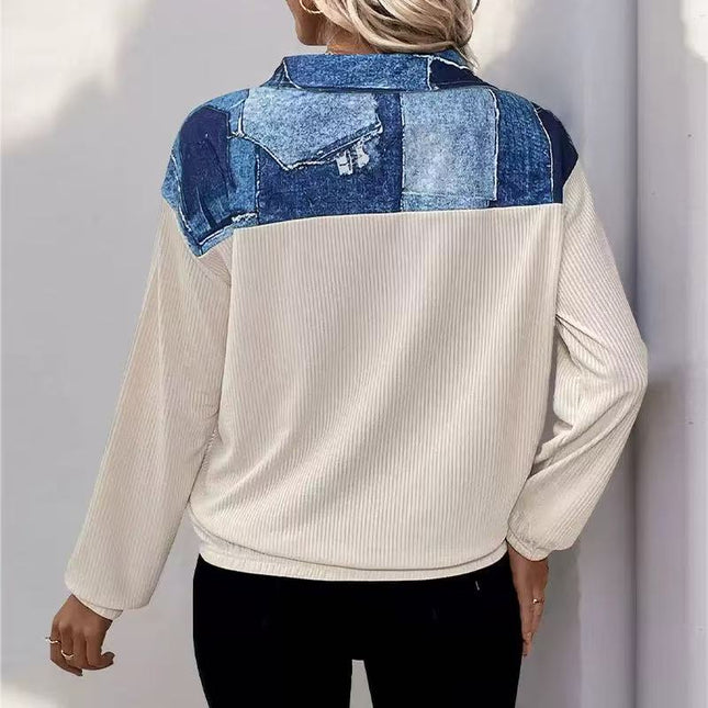 Lapel Contrast Color Panel Long Sleeve Top