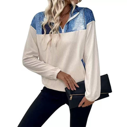 Lapel Contrast Color Panel Long Sleeve Top