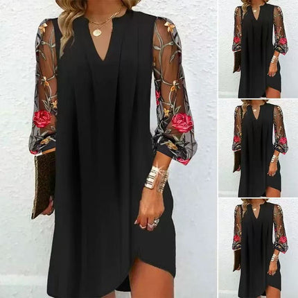 V-neck Long-sleeved See-through Floral Dress