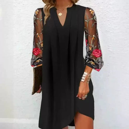 V-neck Long-sleeved See-through Floral Dress