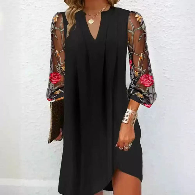V-neck Long-sleeved See-through Floral Dress