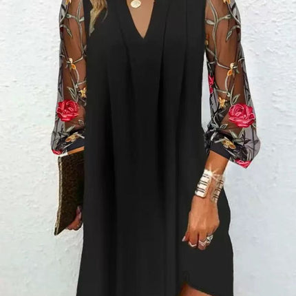 V-neck Long-sleeved See-through Floral Dress