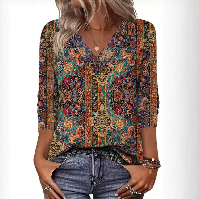 Boho Loose Printed V-neck Top