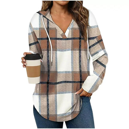 V-neck Plaid Hooded Pullover Top